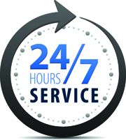 Service and support around the clock, 24 hours a day and 7 days a week symbol isolated on white background. Stylized blue icon